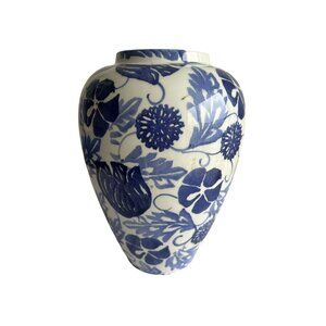 Hand Painted Blue & White Floral Ceramic Vase By Ancora Made In Italy